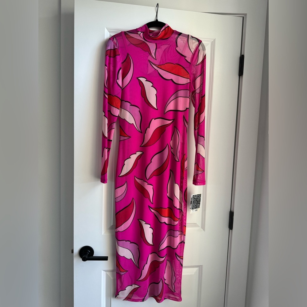 Bold Pink Leaf-Print Long Sleeve Midi Dress